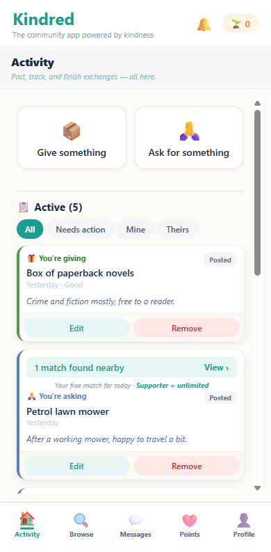 The Kindred app Activity dashboard showing posts, requests, offers, and completed exchanges
